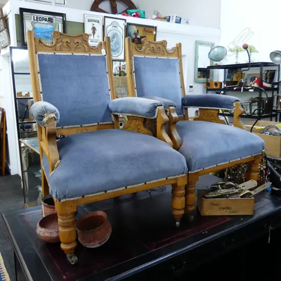 PAIR COLONIAL ART NOUVEAU CARVED RIMU GRANDFATHER CHAIR BLUE VELVET
