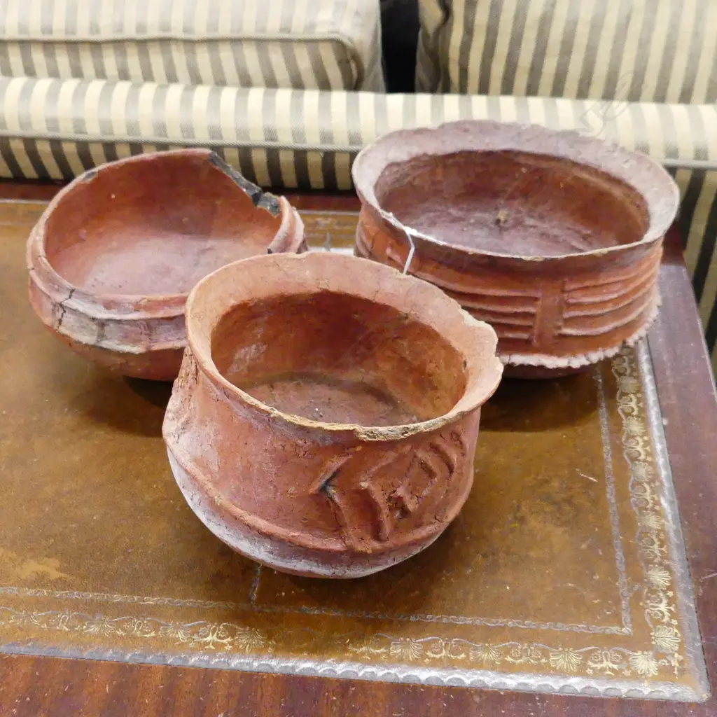 3 PNG PIT FIRED TERRACOTTA BOWLS 200mm dia - some faults Image 1++