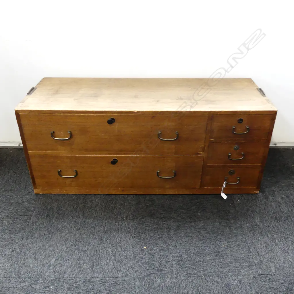OLD JAPANESE TANSU CHEST FIVE FULL WIDTH DRAWERS. 1190X490 Image 1++