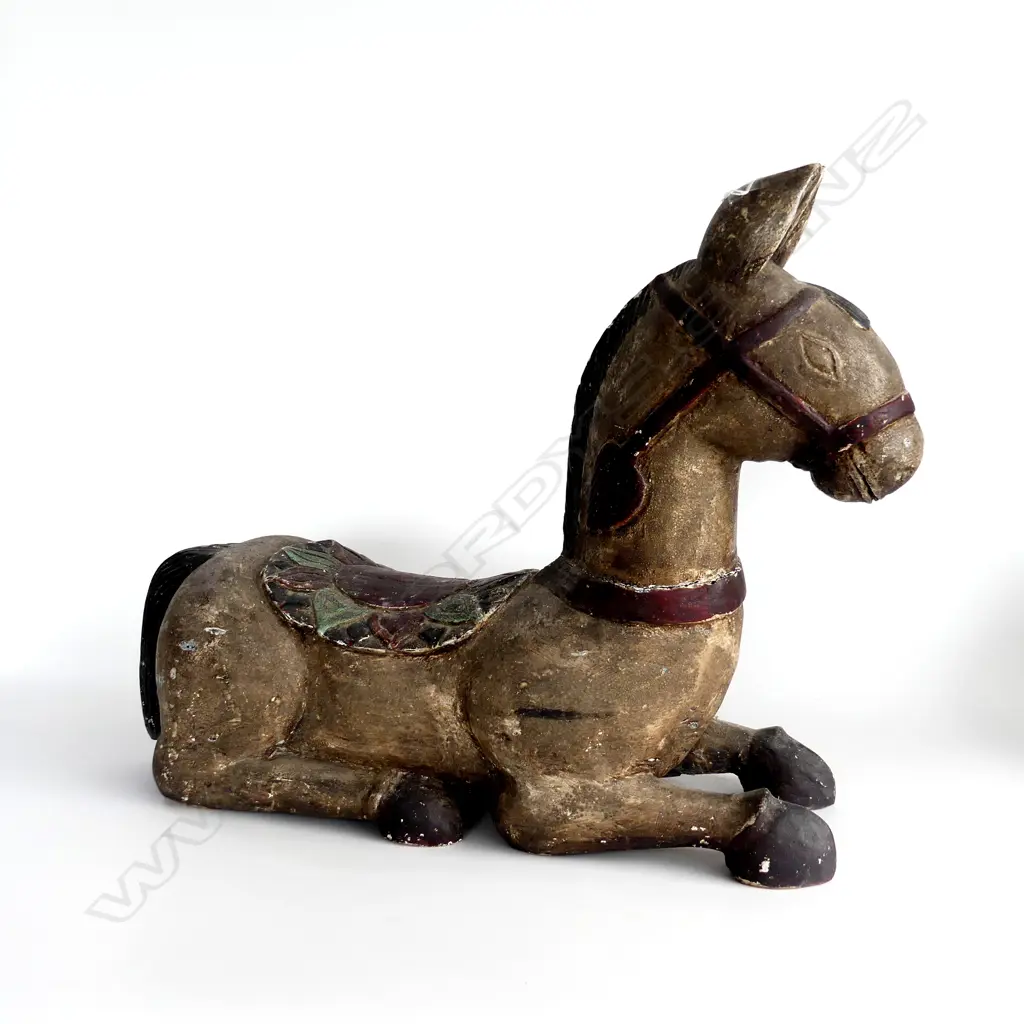 LGE CARVED & PAINTED WOOD RECUMBENT DONKEY L.610mm Image 1++