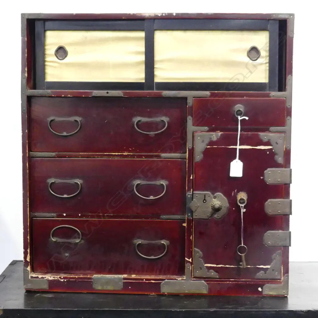 OLD JAPANESE COLLECTOR'S/BEDSIDE CABINET. WITH DARK PLUM LACQUER FINISH. FOUR DRAWER. 580X610mm Image 1++