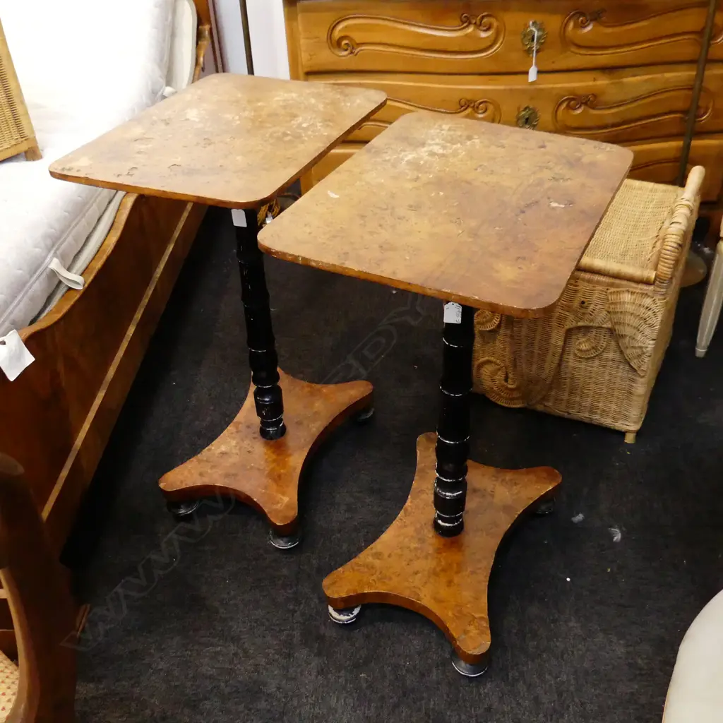 TWO 19thC  OCCASIONAL TABLES WITH AMBOYNA VENEER ( DAMAGED) ON QUATRAFOIL BASES & FAUX BAMBOO EBONISED COLUMNS. H. 760mm Image 1++