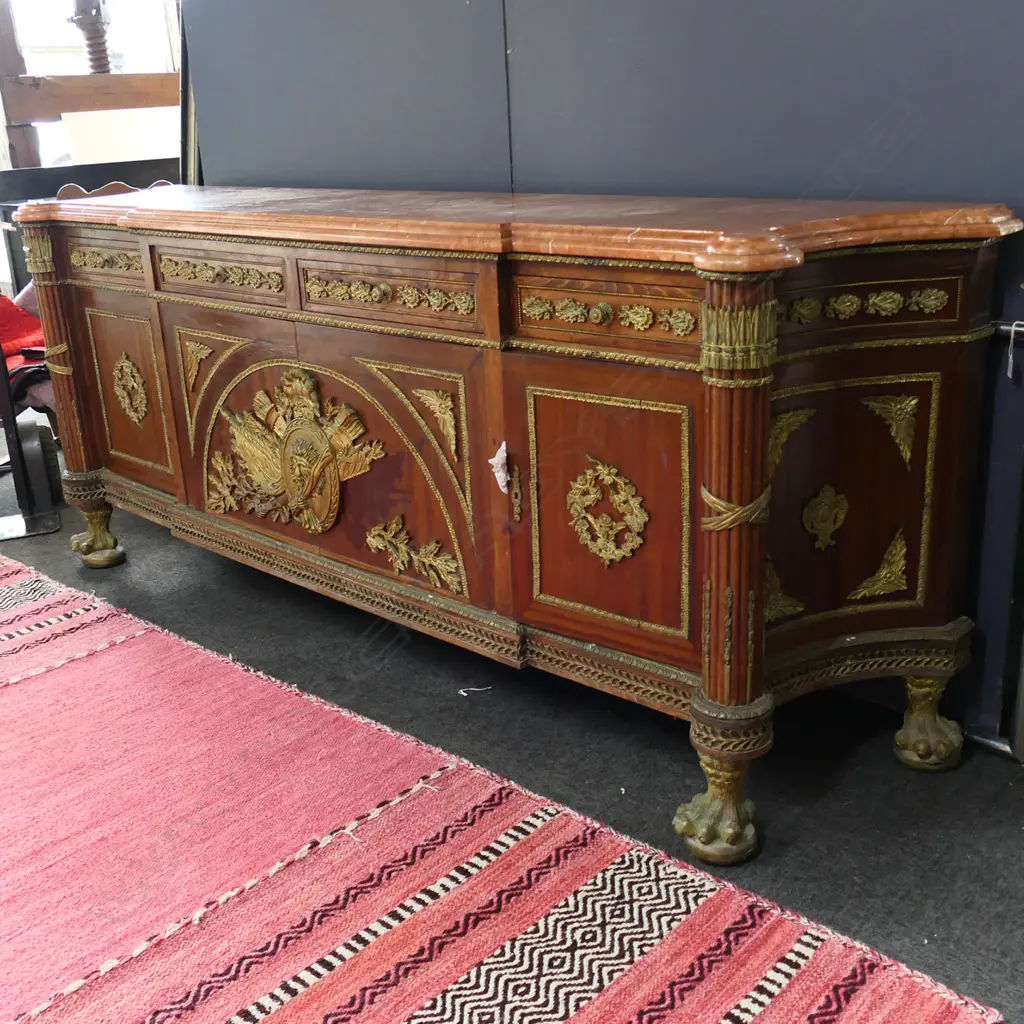 FRENCH STYLE MAHOGANY AND ORMOLU COMMODE IN THE MANNER OF BENNEMAN 2450 x 560 x 1000mm (brass piece missing from front) Image 1++