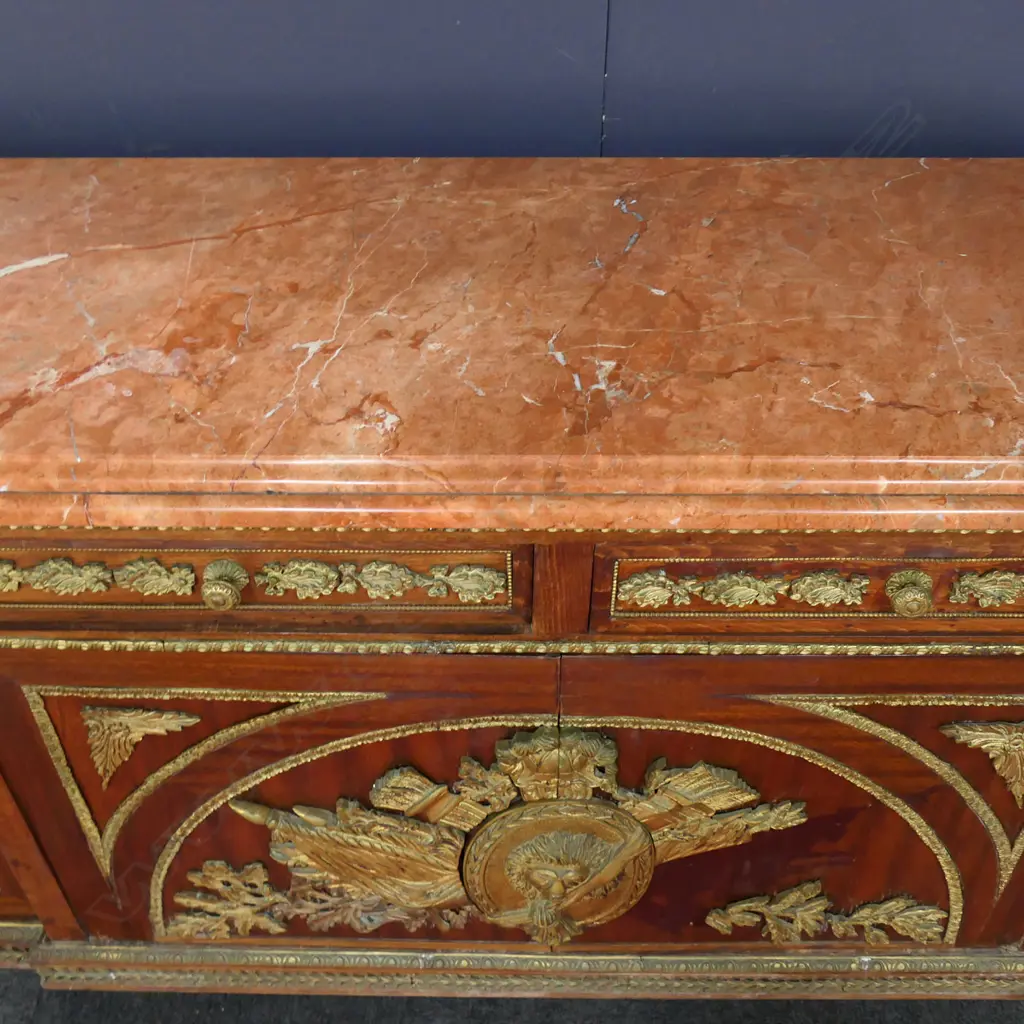 FRENCH STYLE MAHOGANY AND ORMOLU COMMODE IN THE MANNER OF BENNEMAN 2450 x 560 x 1000mm (brass piece missing from front) Image 1++