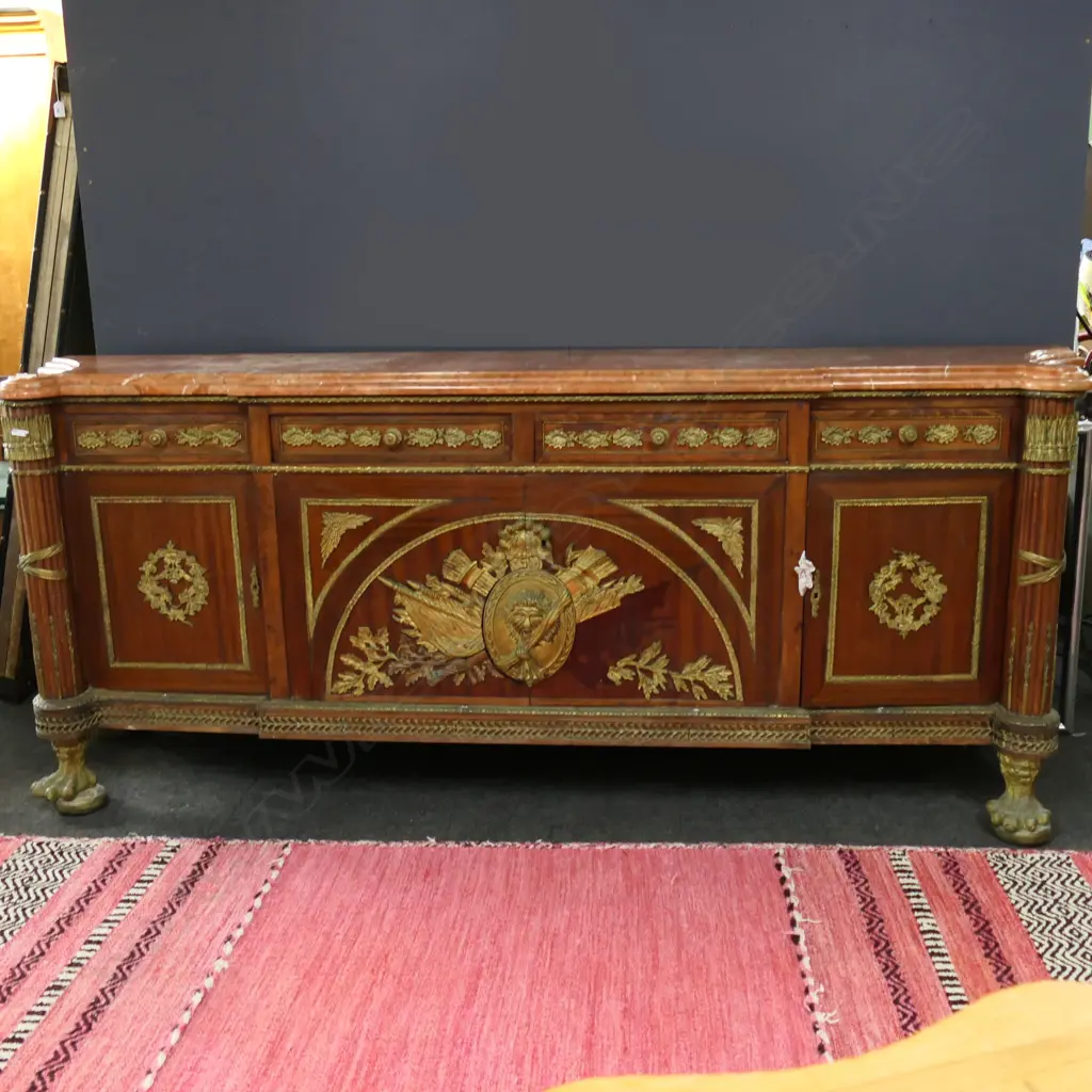 FRENCH STYLE MAHOGANY AND ORMOLU COMMODE IN THE MANNER OF BENNEMAN 2450 x 560 x 1000mm (brass piece missing from front) Image 1++