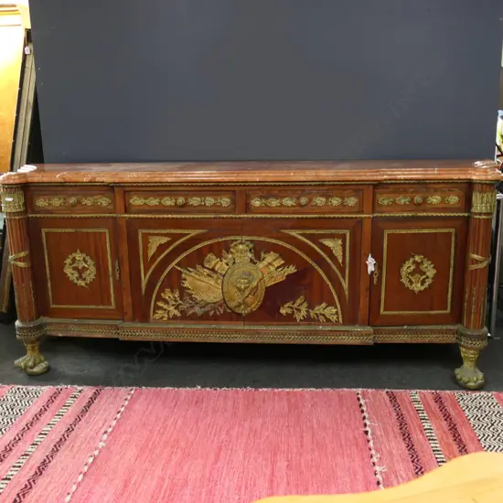 FRENCH STYLE MAHOGANY AND ORMOLU COMMODE IN THE MANNER OF BENNEMAN 2450 x 560 x 1000mm (brass piece missing from front)