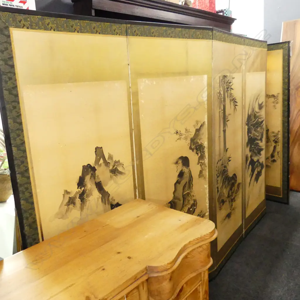 JAPANESE 19thC HAND PAINTED FOLDING 6 PANEL SCREEN DEPICTING CHINESE TALES... Image 1++