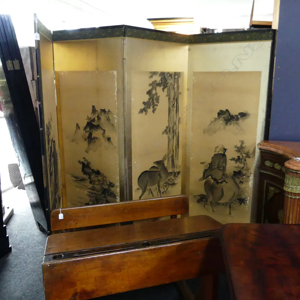 JAPANESE 19thC HAND PAINTED FOLDING 6 PANEL SCREEN DEPICTING CHINESE TALES... Image 1++