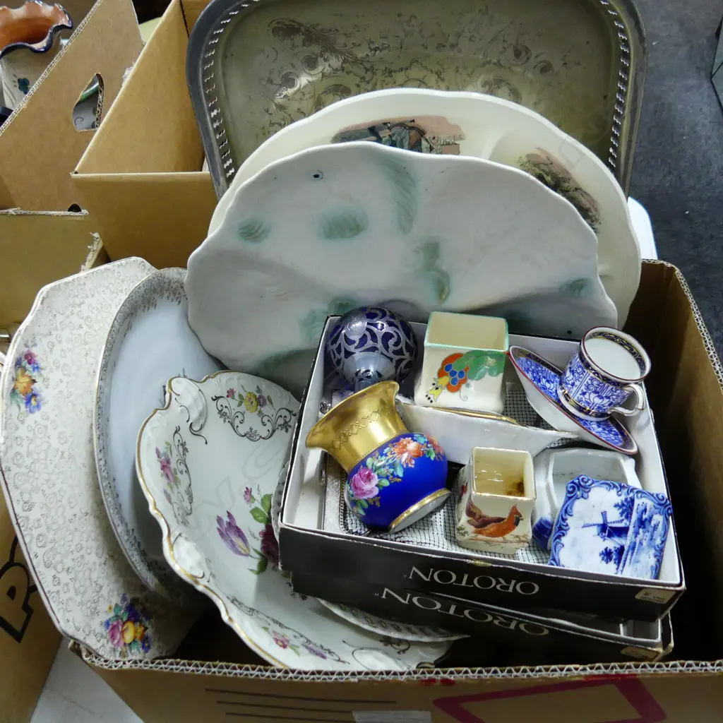 BOX LOT ASST. CHINA; PLATES, 2 OROTON BAGS, BOXED + SILVER OVERLAY glass perfume bottle damaged etc Image 1++