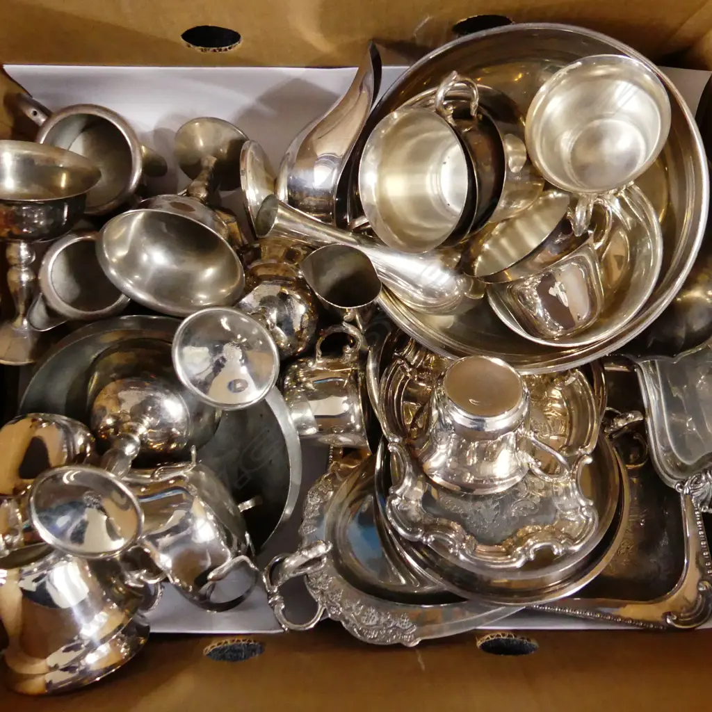BOX LOT ASST SILVER PLATE, CUPS, DISHES, BOWLS, PLATES, TRAYS ETC.. Image 1++