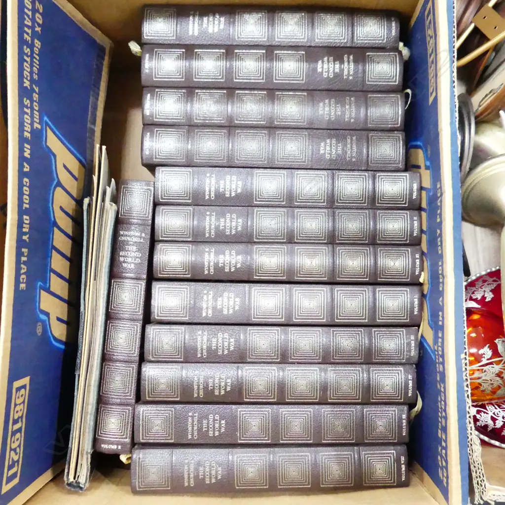 BOX OLD BOOKS - WINSTON CHURCHILL & THE 2ND WORLD WAR` + SM ALBUM WATER COLOUR PAINTINGS Image 1++