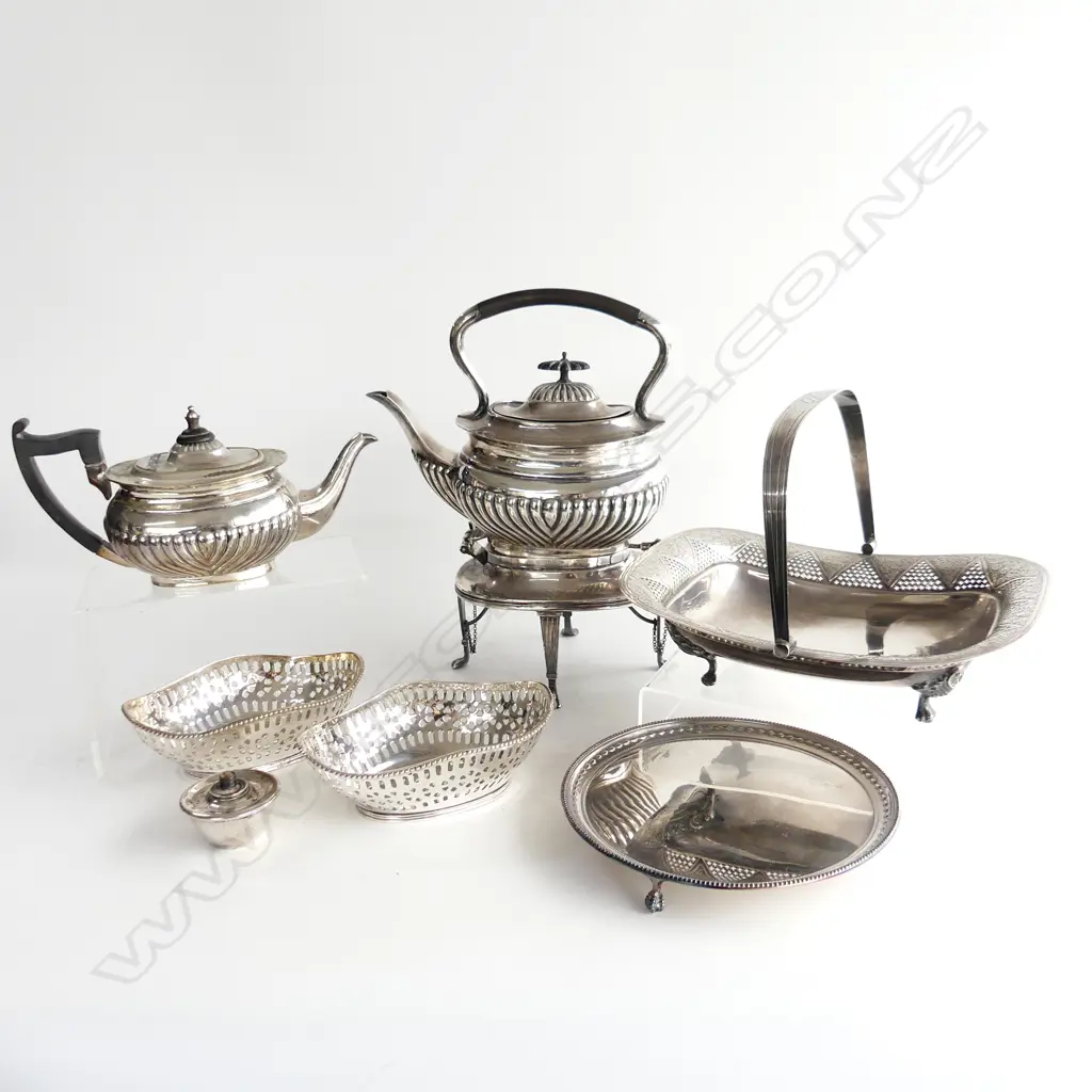 BOX OF SILVERPLATE, INCL. REGENCY STYLE SPIRIT KETTLE & TEAPOT, SWING BASKET & SALVER Image 1++