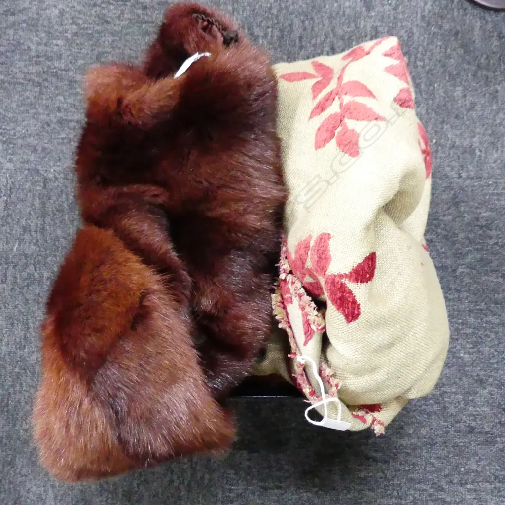 LARGE FABRIC SECTION WITH EMBROIDERED RED VELVET DETAIL & FUR STOLE IN PRADA BOX. Image 1++