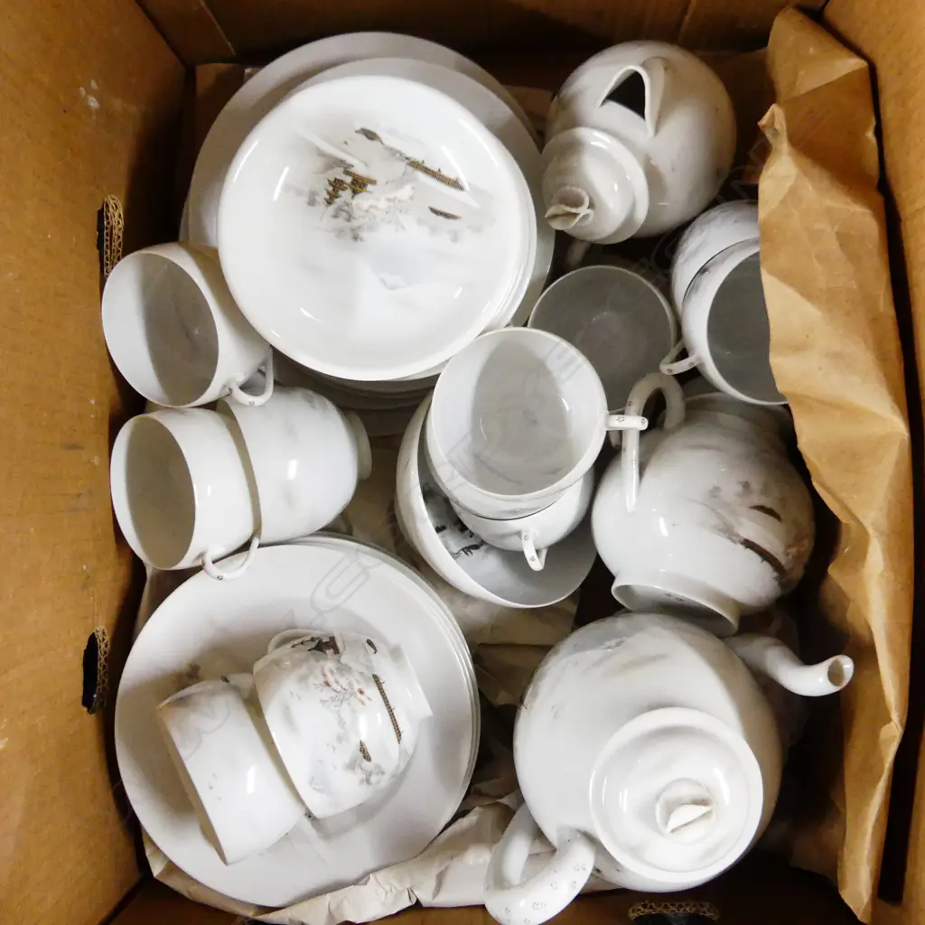 ORIENTAL FINE EGG SHELL CHINA TEA SET,  TEAPOT, 11 CUPS, 9 SAUCERS, 14 PLATES, JUG, SUGAR BOWL & RICE BOWL Image 1++