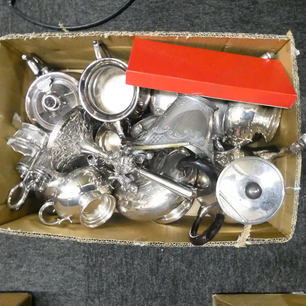 BOX LOT SILVER PLATE. TEAPOTS COFFEE POTS EPERNE WITH PUTTEE CRUET ETC. Image 1++
