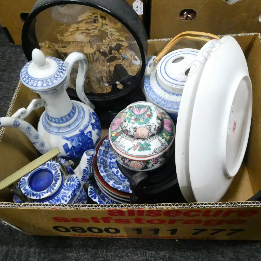 BOX LOT ASST. ORIENTAL ITEMS; PLATES, TEA POTS ETC Image 1++