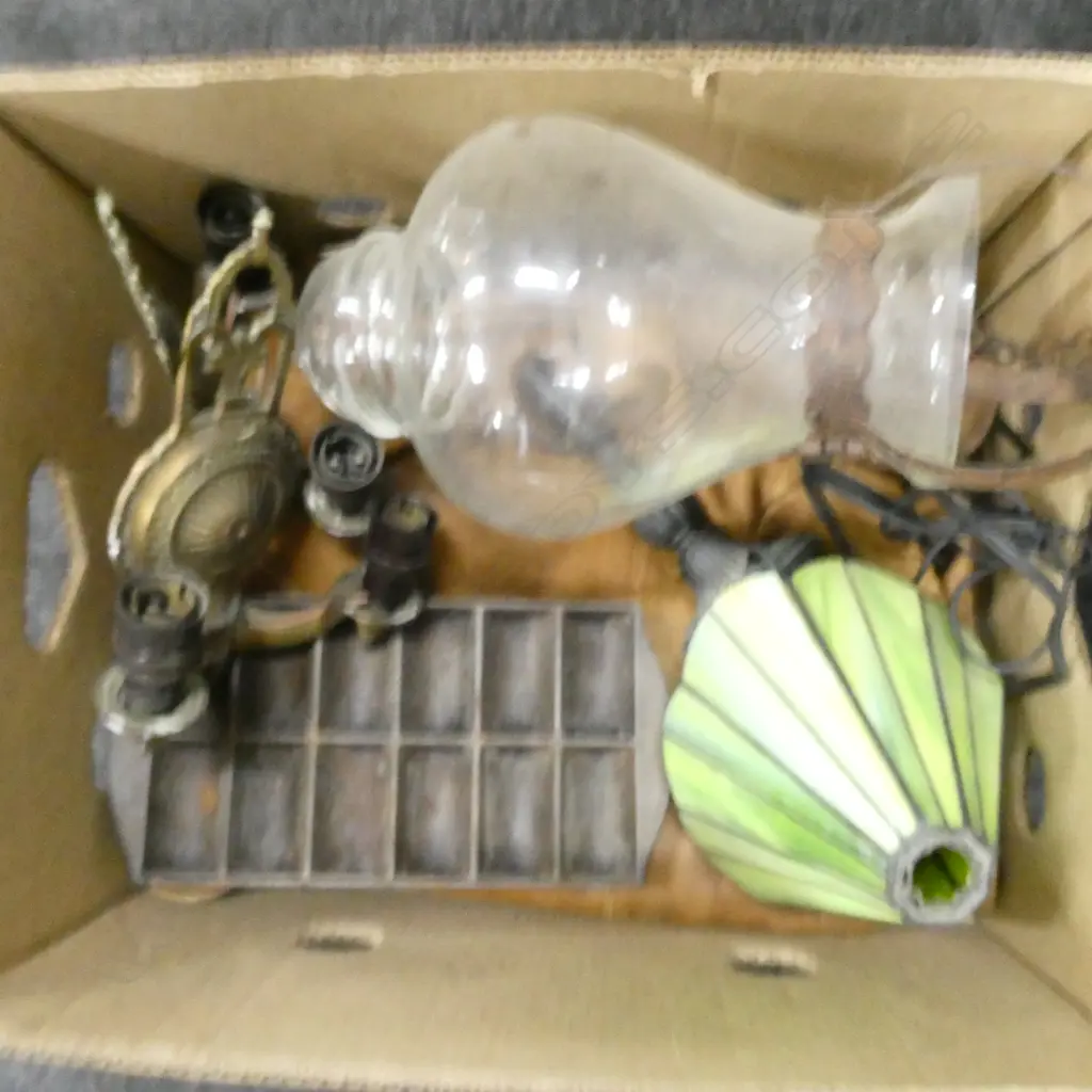 BOX LOT VINTAGE LIGHT FITTINGS, GEM IRON, LAMP, LG LEATHER BAG Image 1++