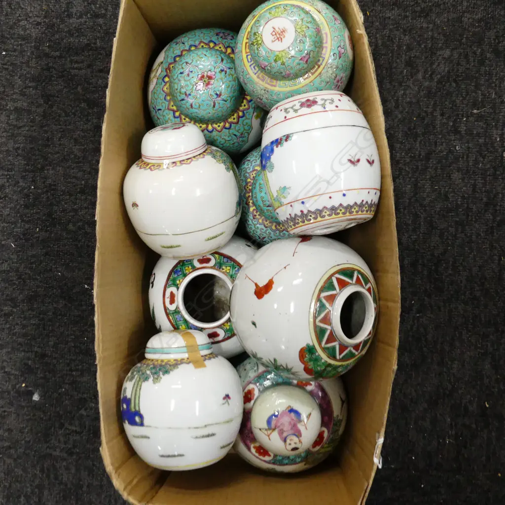 BOX LOT NINE MODERN CHINESE GINGER JARS SOME LIDDED. Image 1++