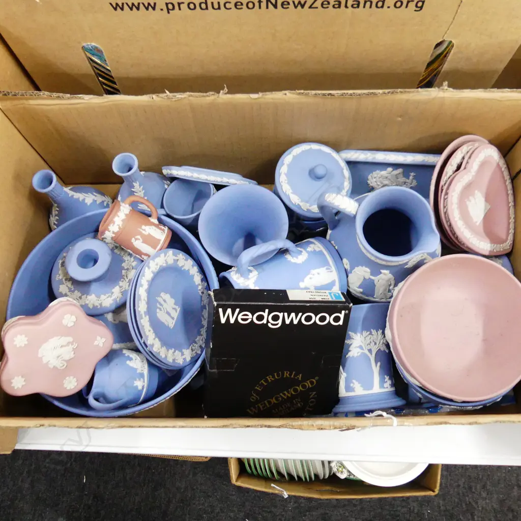 BOX LOT OF WEDGWOOD BASE RELIEF WARE. MOSTLY BL/WH AND SOME PUCE COLORED. Image 1++