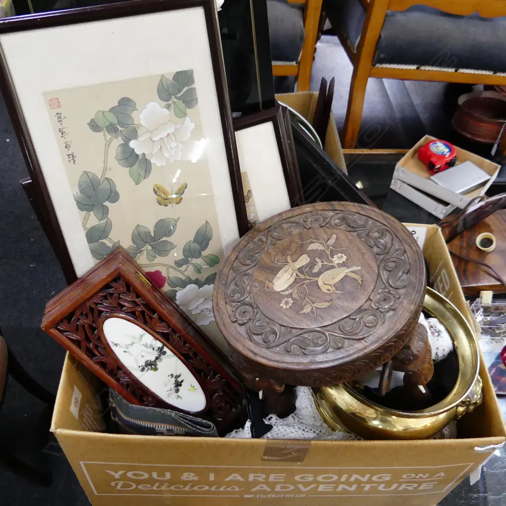 BOX LOT ASST. ORIENTAL ITEMS, SMALL CARVED WOODEN ELEPHANT STOOL ETC Image 1++