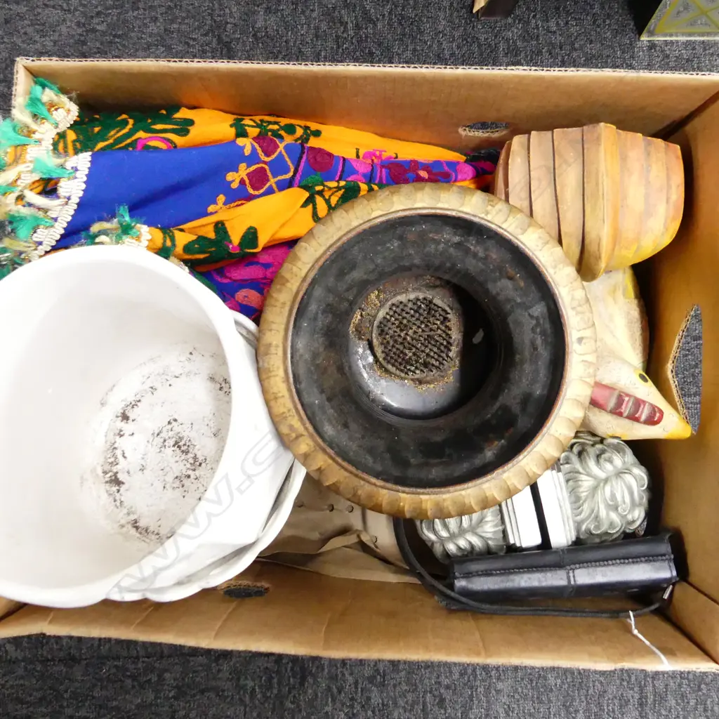 BX OF CARVED WOODEN CHICKEN + CHERUB BOOKENDS+MINOLTA CAMERA+WHITE PLANTERS ETC Image 1++