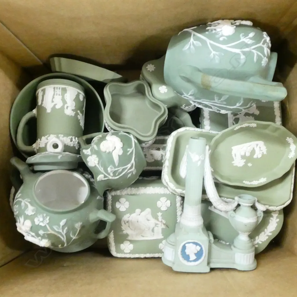 LARGE QUANTITY GREEN WEDGWOOD BASE RELIEF CHINA . JUGS LIDDED CONATINERS AND DISHES PLUS 4 UNRELATED FRENCH GREEN ITEMS. Image 1++