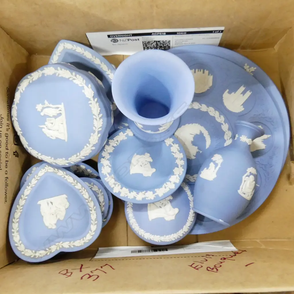 BOX LOT WEDGWOOD BL/WHITE BASE RELIEF CHINA. INCLUDES TWO PLATES SMALL DISHES VASE AND JEWELLERY BOX. Image 1++