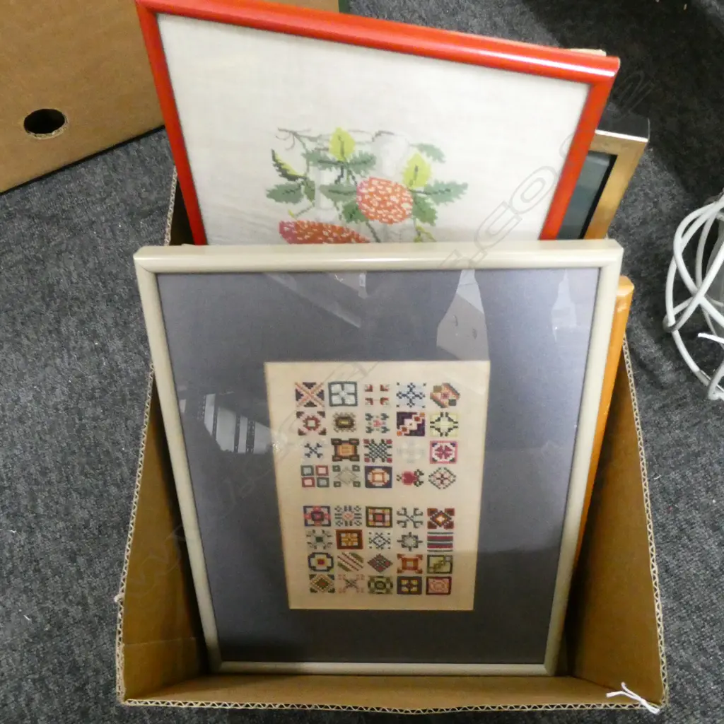 BOX LOT ASST. FRAMED EMBROIDERED ARTWORKS Image 1++