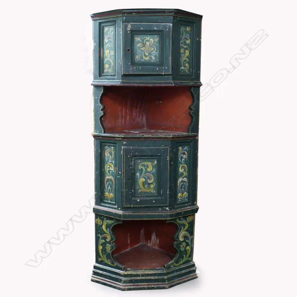 ANTIQUE SWEDISH FOLK ART PAINTED CORNER CUPBOARD Image 1++