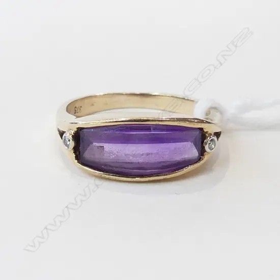 9CT GOLD AMETHYST & DIAMOND RING 4.2gms