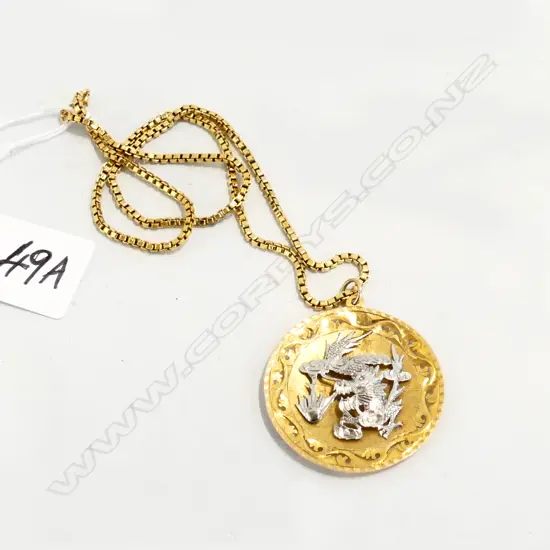 CHINESE 14ct GOLD DRAGON PENDANT 12.3gms ON 18CT GOLD CHAIN 7.4gms