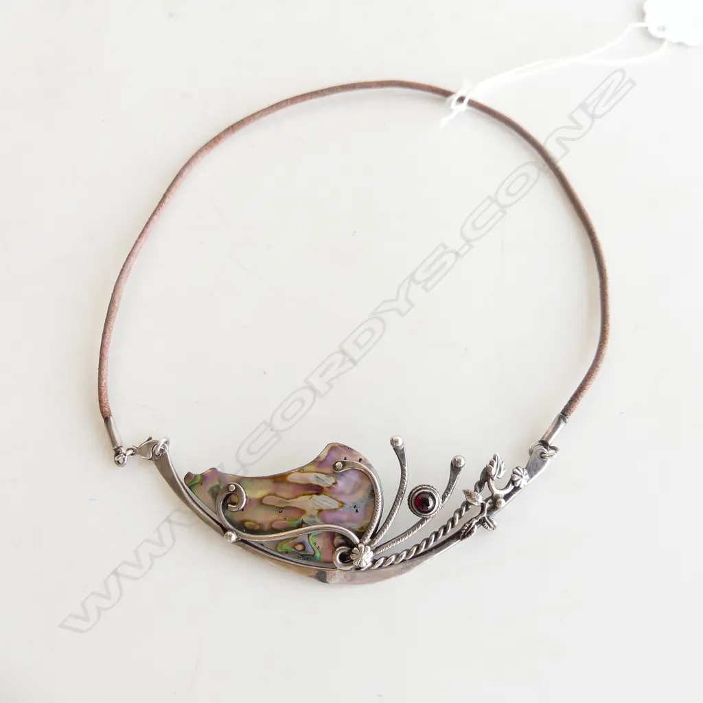 HANDCRAFTED SILVER, PAUA AND GARNET NECKLACE Image 1++