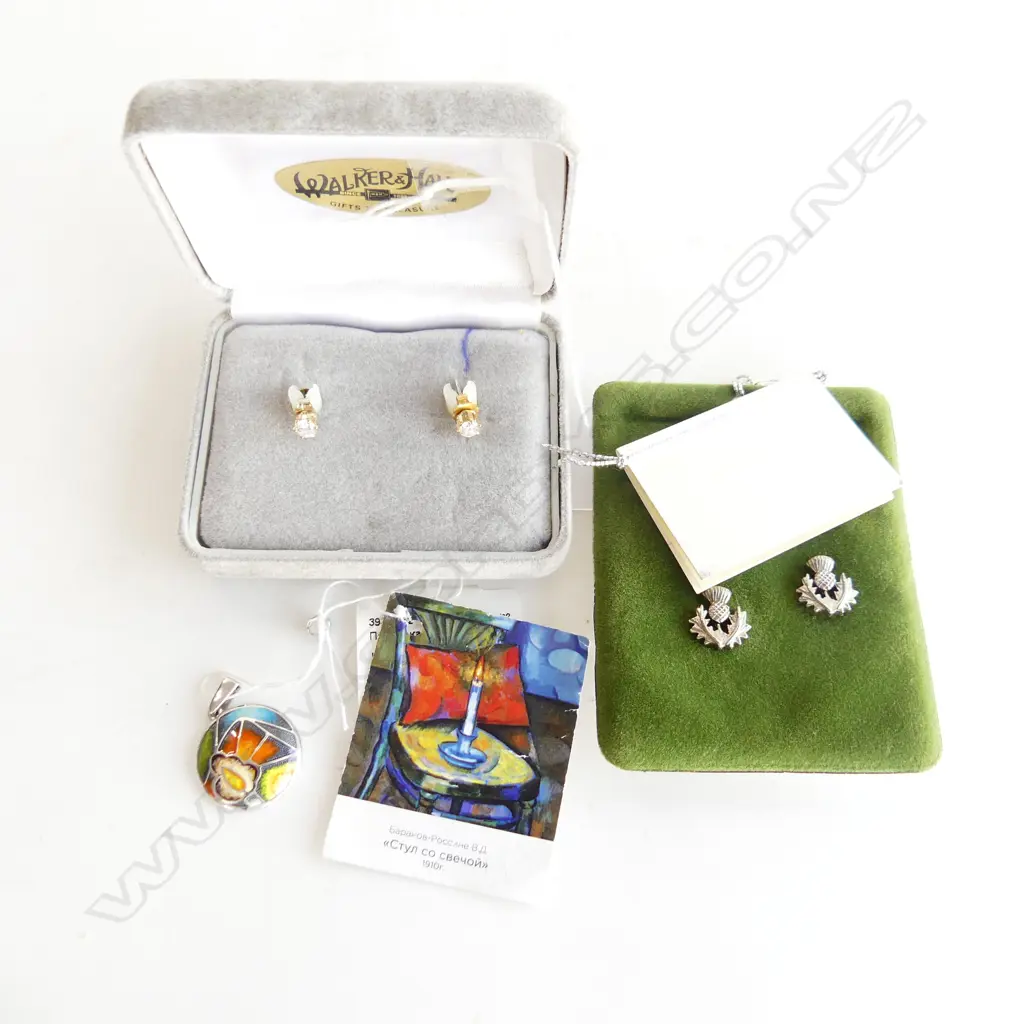 FAUX DIAMOND STUD EARRINGS/SCOTTISH SILVER THISTLE EARRINGS/RUSSIAN SILVER & ENAMEL PENDANT Image 1++