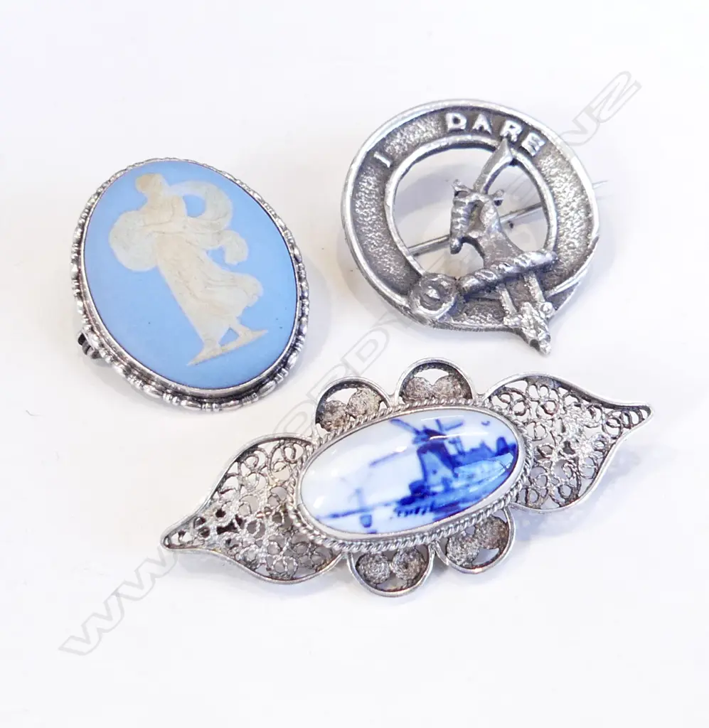 3 STG SILVER BROOCHES; DUTCH, WEDGWOOD, SCOTTISH 17 GRAMS Image 1++