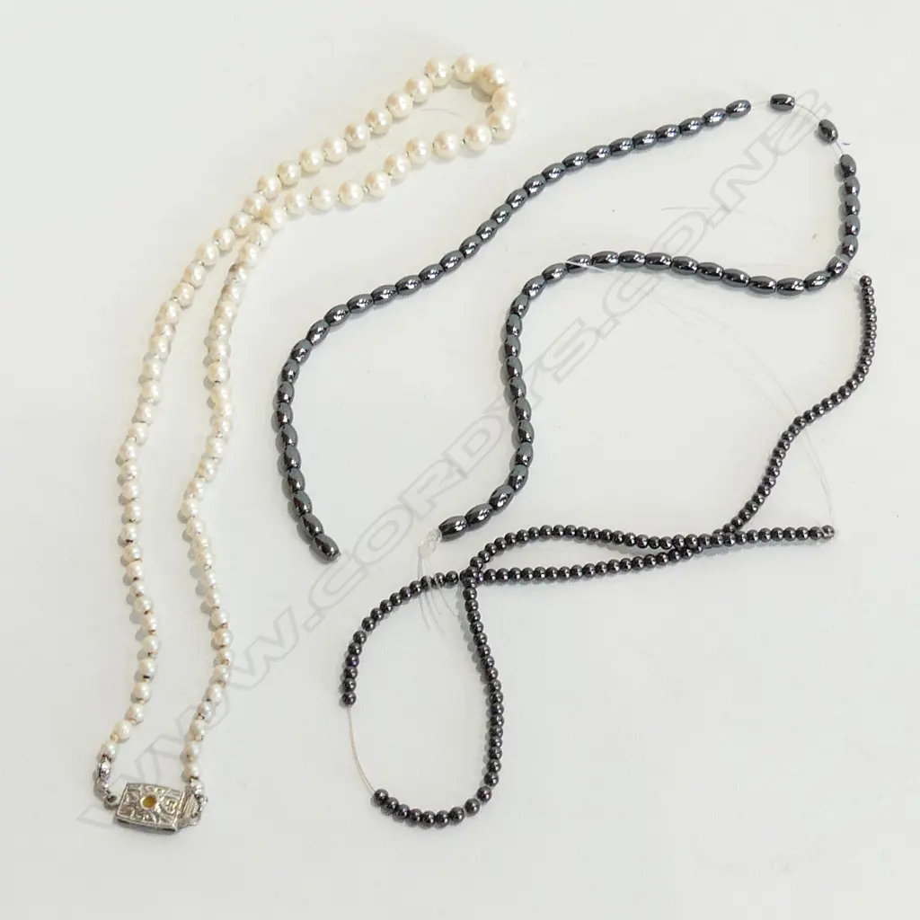 2 STRINGS HEMITITE BEADS, NEED CLASPS + FAUX PEARL NECKLACE WITH STG SILVER CLASP Image 1++