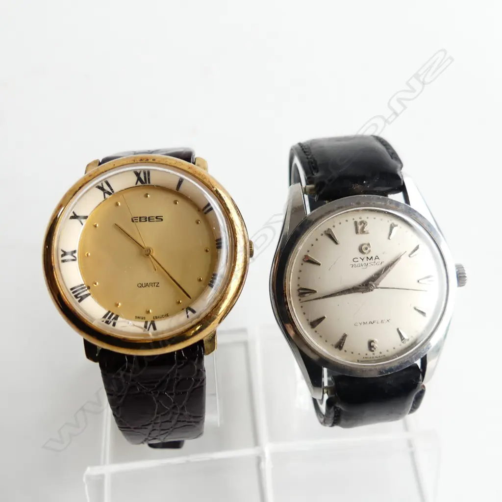 2 GENT'S WATCHES: vintage CYMA 'navy star. CYMAFLEX' running + dress watch 'EBES' not running Image 1++