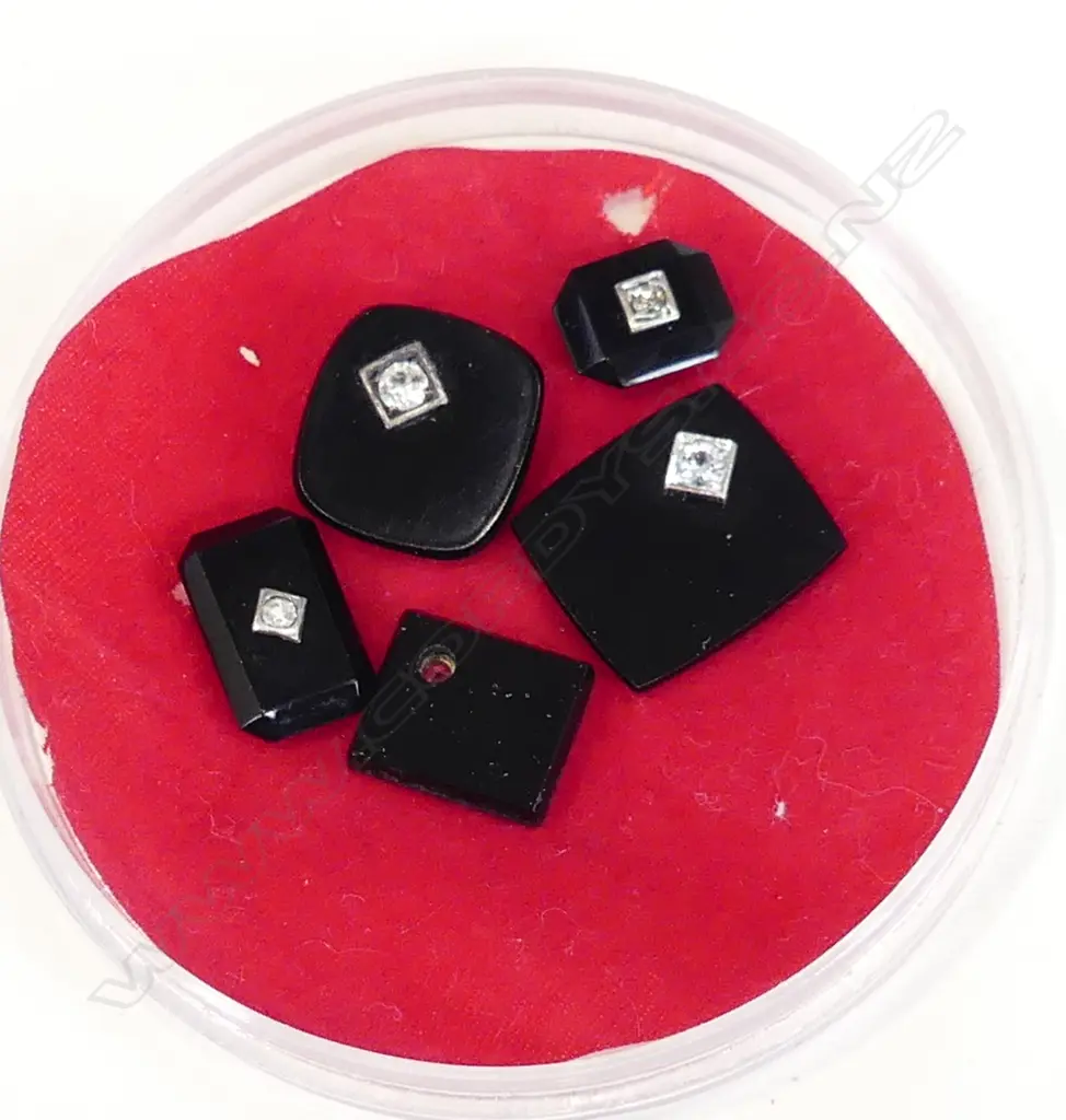 5 ASST ONYX STONES WITH DIAMOND (?) INSERTS  Image 1++