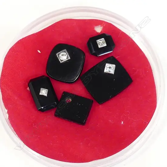 5 ASST ONYX STONES WITH DIAMOND (?) INSERTS 