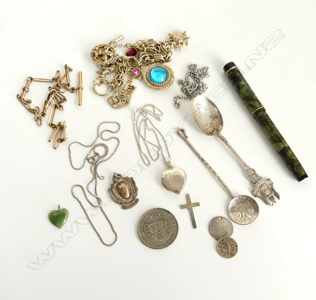 2 SILVER NECKLACES + GOLD PLATE ALBERT CHAIN + 2 silver spoons + pen + gilt charm bracelet Image 1++