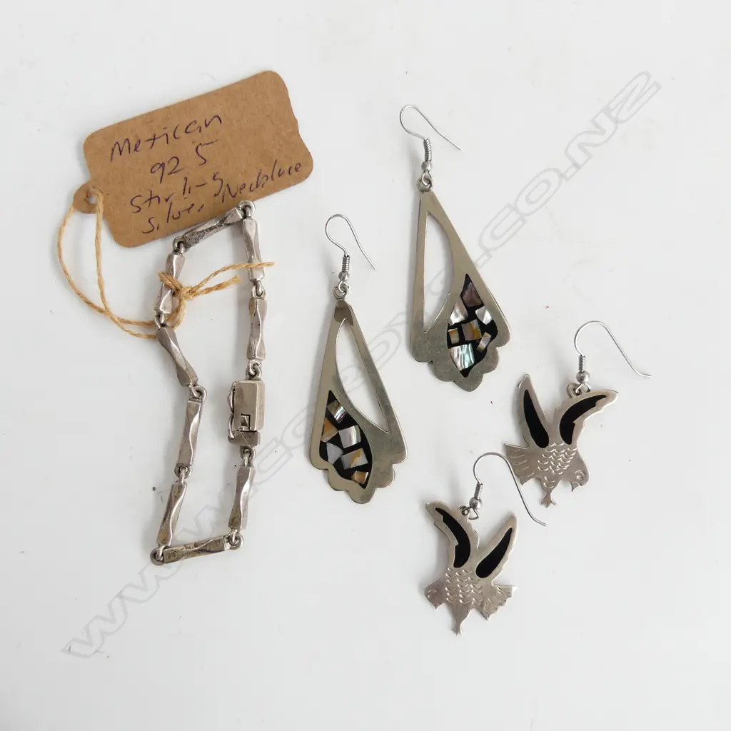 MEXICAN 925 SILVER BRACELET + 2 PR DROP EARRINGS, SILVER & PAUA & SILVER & ENAMEL BIRDS Image 1++