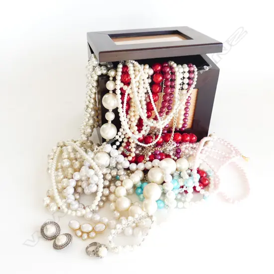 WOODEN BOX ASST FAUX PEARL COSTUME JEWELLERY
