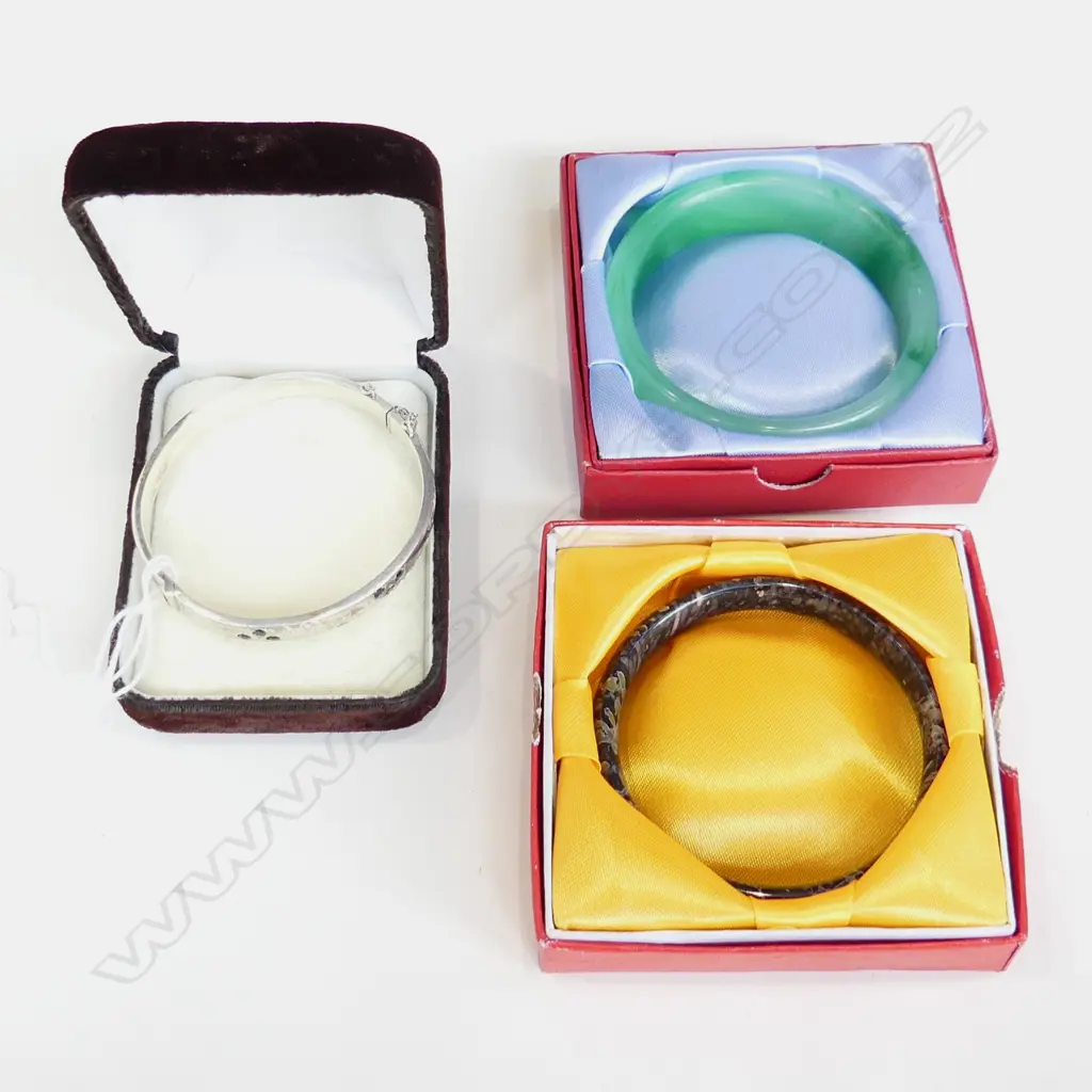 3 BANGLES: 1X SILVER & hinged + 2 oriental jade ?? Image 1++