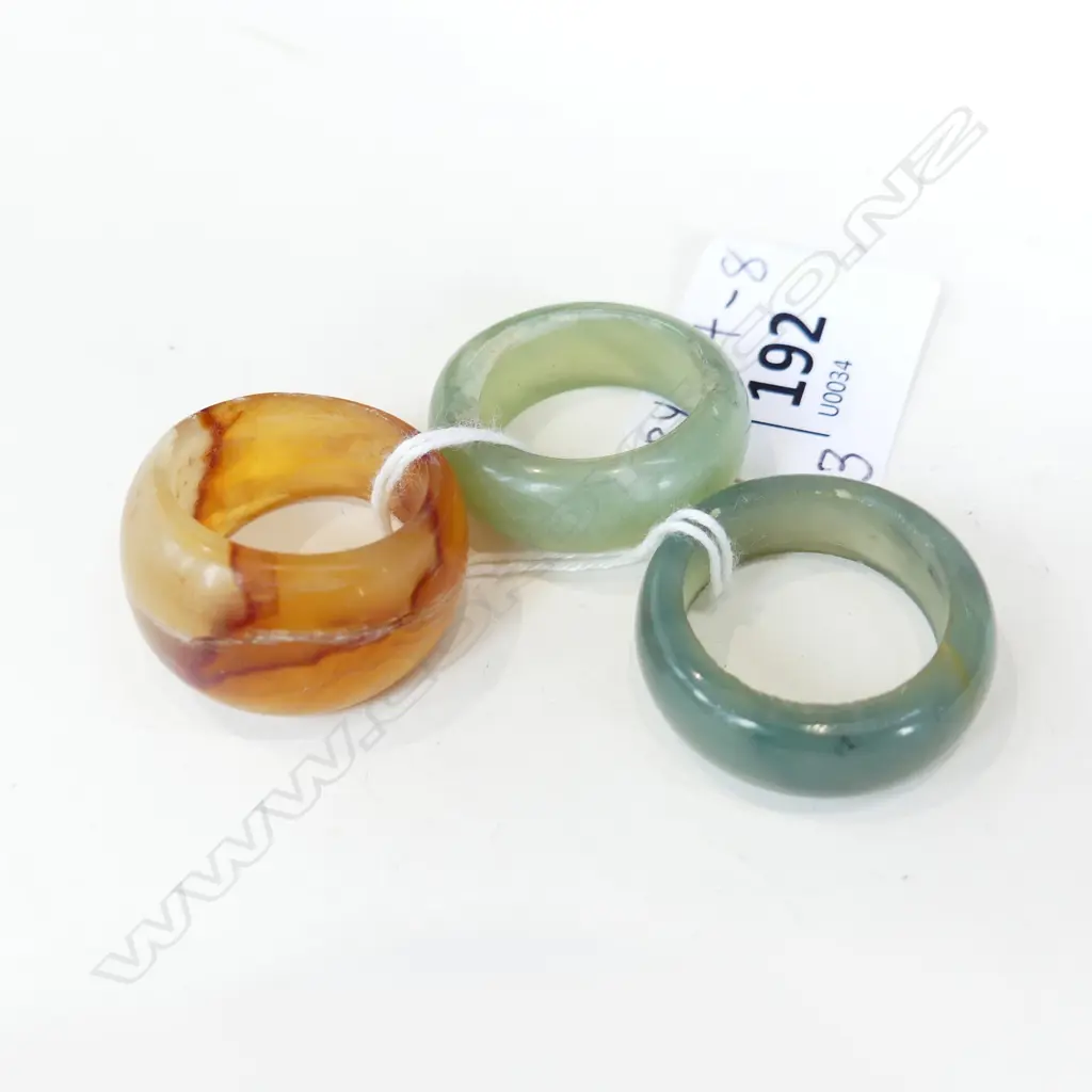3 LG WIDE BAND JADE RINGS, 2 GREEN, 1 AMBER Image 1++