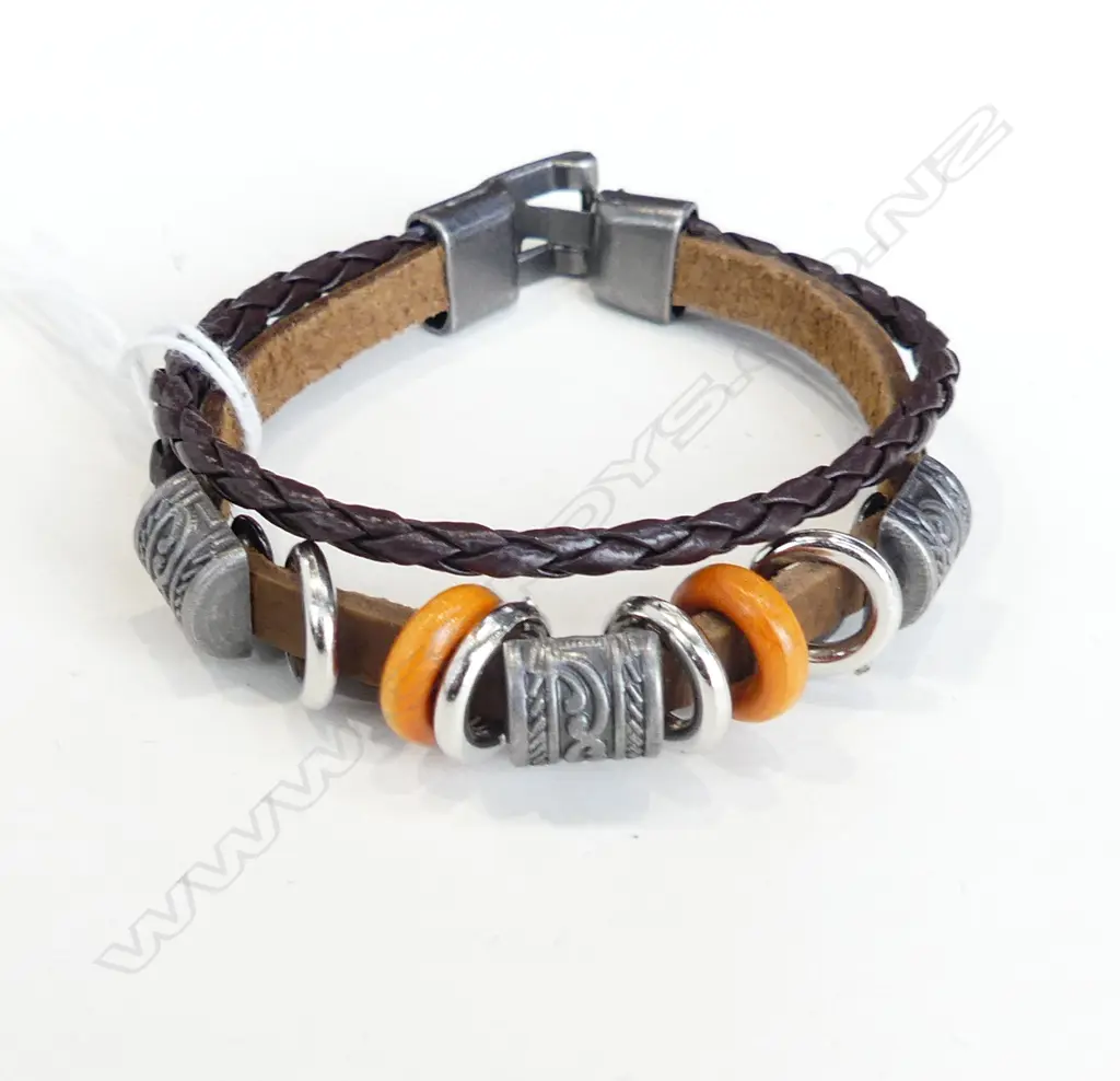 LEATHER, BEAD & STEEL MOTIF BOHEMIAN BRACELET Image 1++