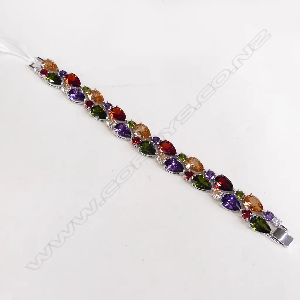 SILVER PLATED DOUBLE ROW MULTI GEM SET BRACELET  Image 1++