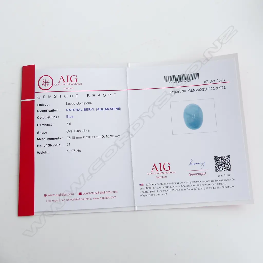 NATURAL 42CT  BERYL AQUAMARINE CABOCHON PENDANT WITH 18K GOLD PLATE CHAIN, WITH AIG REPORT Image 1++