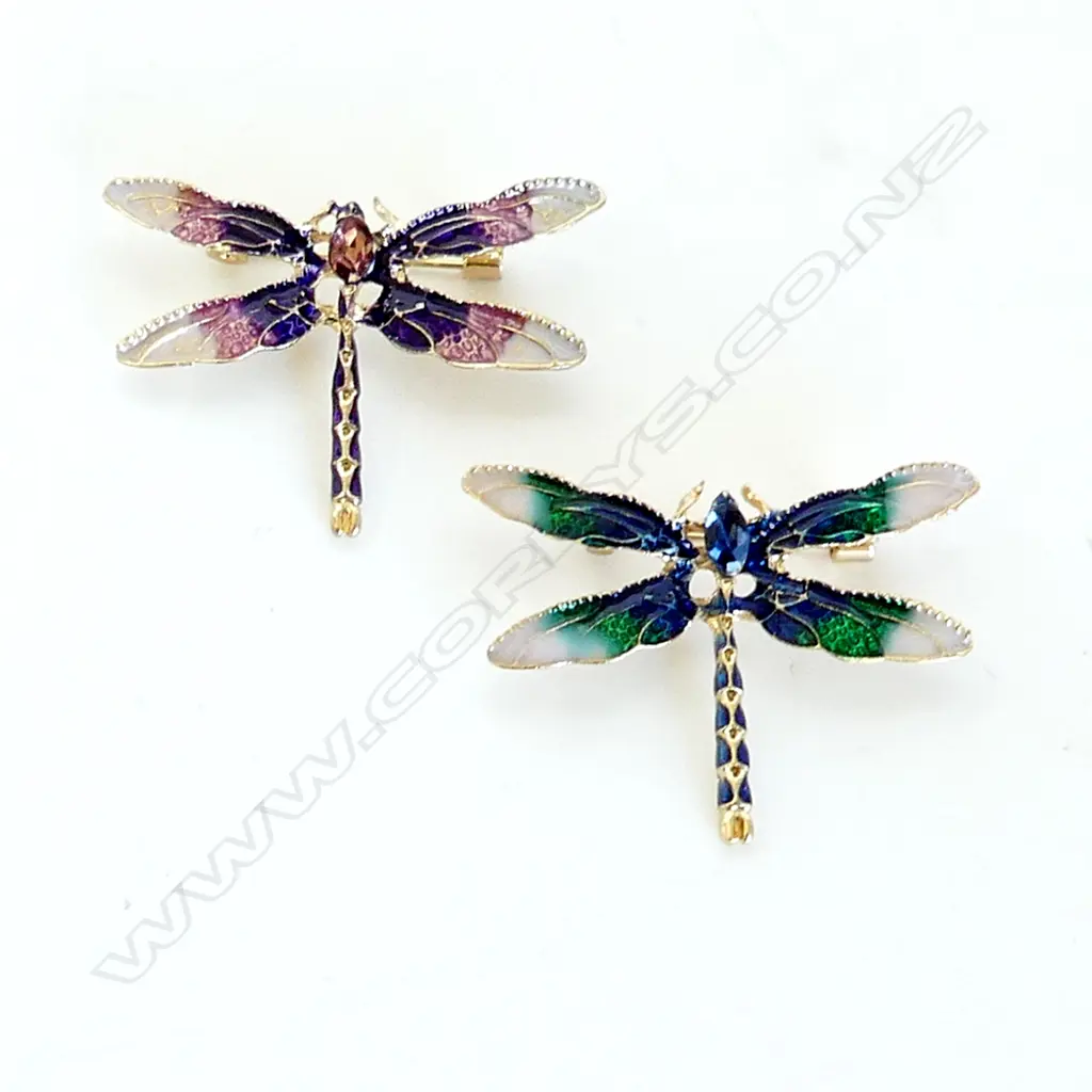 2 GILT & ENAMEL DRAGONFLY BROOCHES  Image 1++