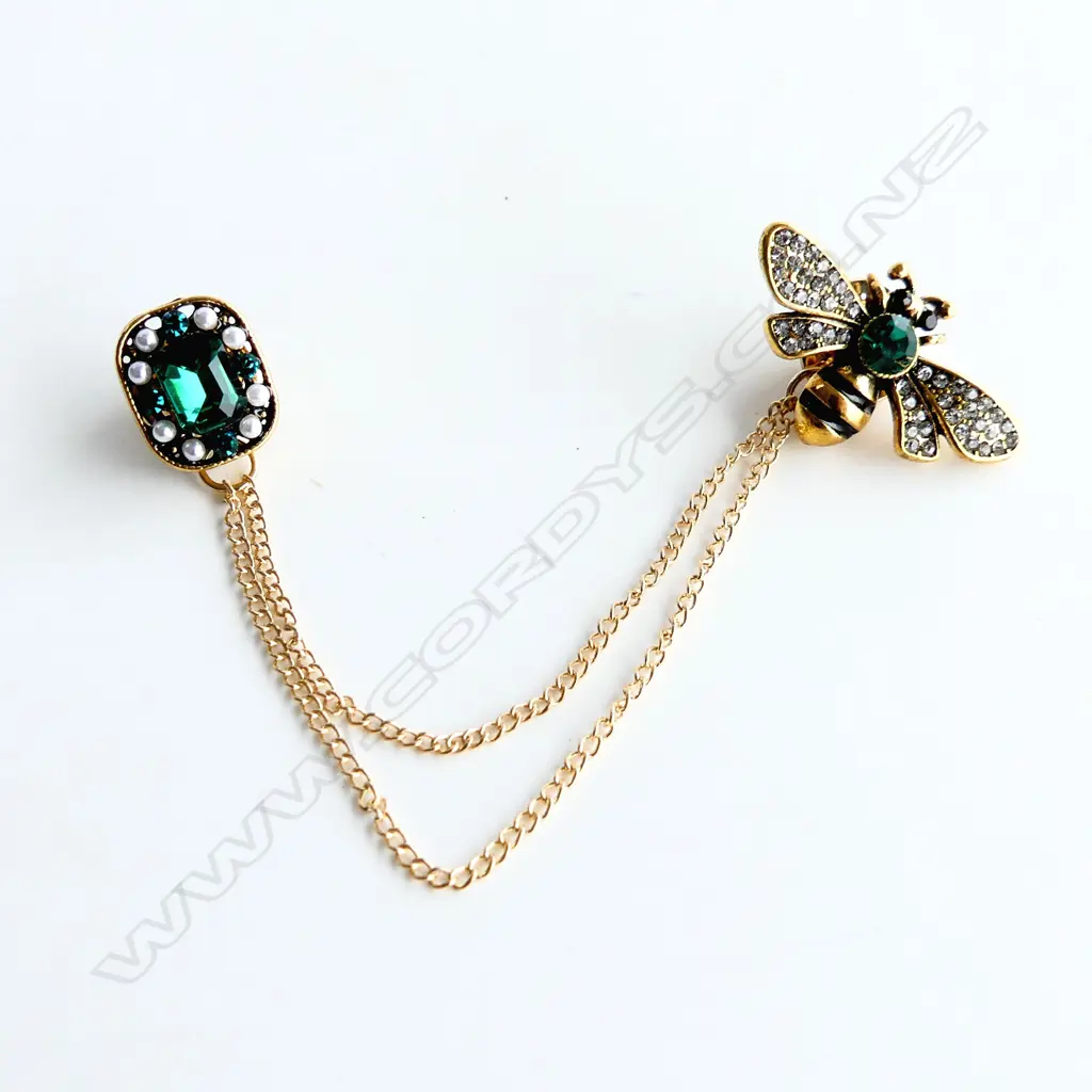GOLD GILD & COLOURED STONE 2 PC BEE & FLOWER PIN Image 1++