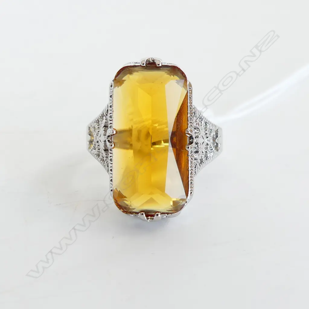 925  SILVER PLATED AMBER COLOUR STONE FILIGREE STYLE COSTUME JEWELLERY DRESS RING Image 1++