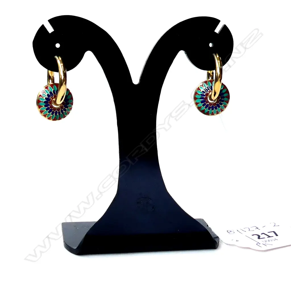 GOLD GILT & ENAMEL RETRO HOOP & DISC EARRINGS  Image 1++